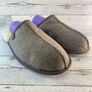 UGG Shoes Mens 18 Brown Scuff Herringbone Sheepskin Lining House Slippers Comfy